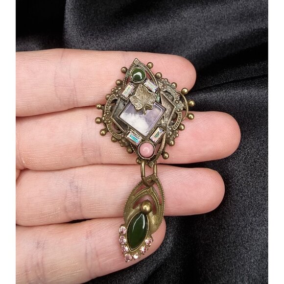 Rare Vintage Sorrelli Signed Brooch With Dangle Pendant Gold-Tone Rhinestones - Picture 5 of 5